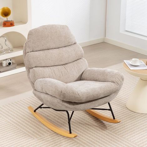Fauteuil à bascule crème rembourré avec accoudoirs, mousse épaisse 13 cm, structure acier et patins en bois, charge 120 kg (1/5)