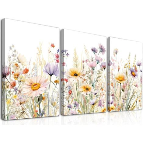 Wandbilder 3Pcs Aquarell Wildblume Schlafzimmer Farbig mit Rahmen (1/5)