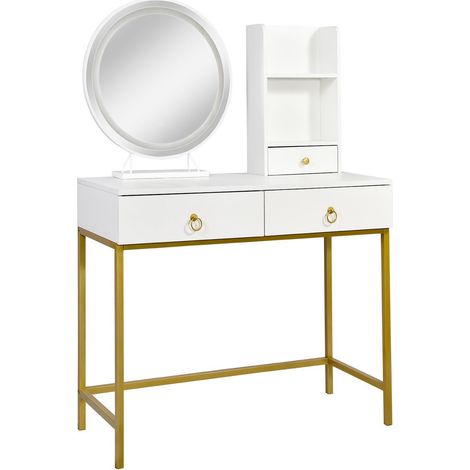 Coiffeuse moderne avec miroir rond lumineux Oracle L90cm Blanc et Or