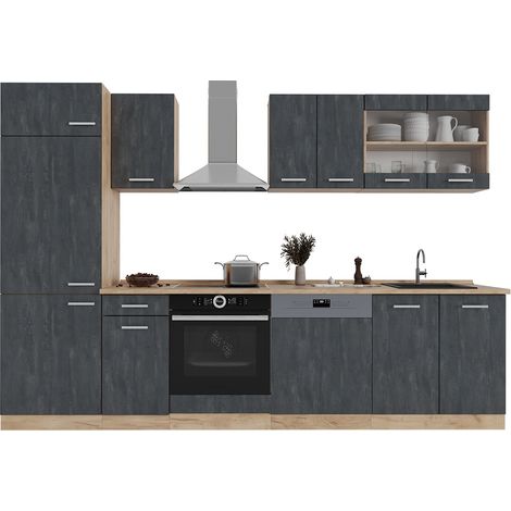 Cuisine R-Line, Béton noir/chêne doré, 300 cm sans plan de travail, Vicco