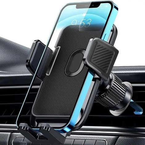 Soporte giratorio de 360° para teléfono móvil de coche con montaje en la rejilla de ventilación, compatible con smartphones iPhone y Android.