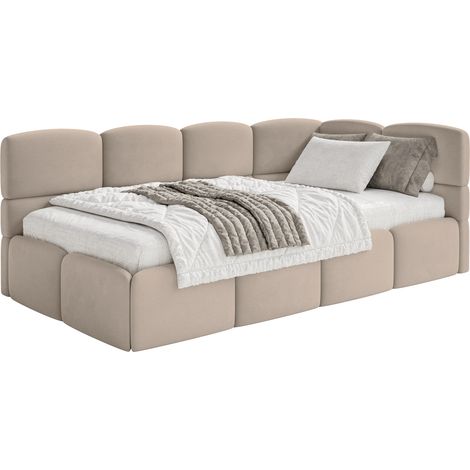 Selsey Cloudy – Jugendbett 120x200, Kopfteil rechts, Matratze & Bettkasten, Samt Beige