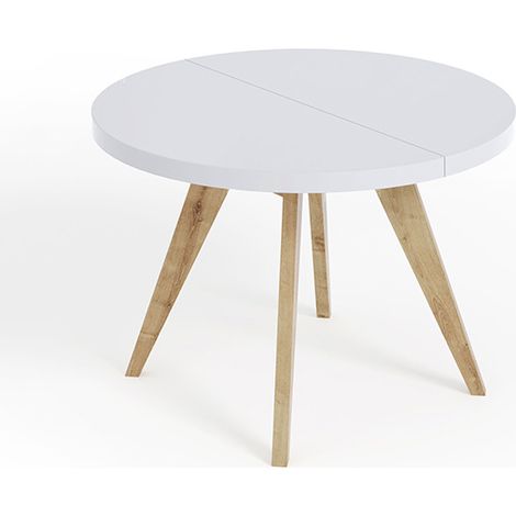 Table de salle à manger ronde extensible LORA, style loft, scandinave, diamètre : 100 / 200 cm, couleur : blanc / naturel (1/4)