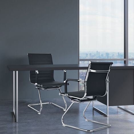 Lot de 6 chaises de bureau noires avec dossier moyen et base luge, similicuir et accoudoirs, pour réunion, bureau et accueil (1/5)