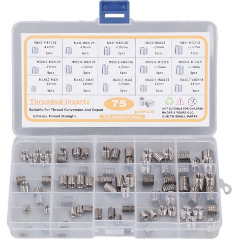 75-Piece Stainless Steel Threaded Insert Nut Assortment Tool Kit for Thread Repair (1/5)