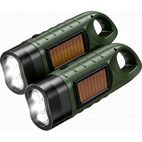 Lampe Torche Solaire Dynamo Rechargeable 2 Pièces, Lampe de Poche Manivelle LED sans Pile avec Mousqueton, Matériel de Survie Étanche pour Camping Randonnée Urgence Panne, Vert (1/5)