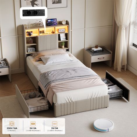 lit 90x200,lit 1 personne,Lit rembourré,Lit avec rangement et coussins en lin avec LED et compartiments de rangement,Beige (1/5)