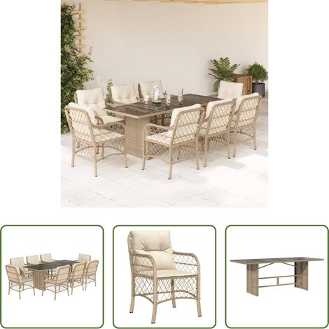 Gartenessgruppe - 9-tlg. Garten-Essgruppe mit Kissen Beige Poly Rattan (1/5)