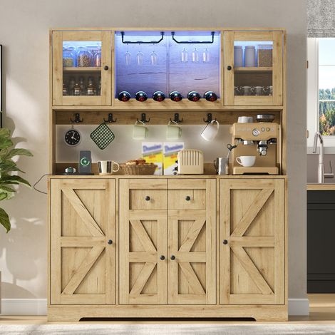 Buffet de cuisine haut 140x40x173 cm - éclairage led - port usb - grand rangement - portes vitrées - rangement pour bouteilles - bois naturel (1/5)