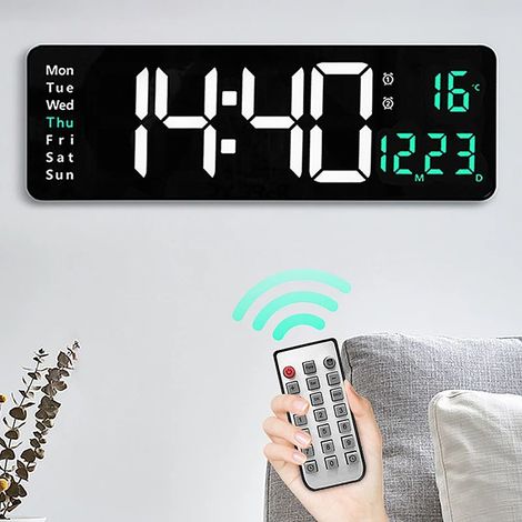 Große digitale Wanduhr mit Fernbedienung, Temperaturanzeige, Wochentagsanzeige, Abschalt-/Speicherfunktion, Tischwanduhr mit Doppelalarm, LED-Uhren (1/5)