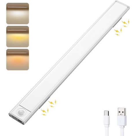 Éclairage d'armoire LED avec détecteur de mouvement, lampe d'armoire bande lumineuse LED, rechargeable par USB éclairage sous meuble, éclairage d'armoire de cuisine, 3 modes de couleur (1/4)