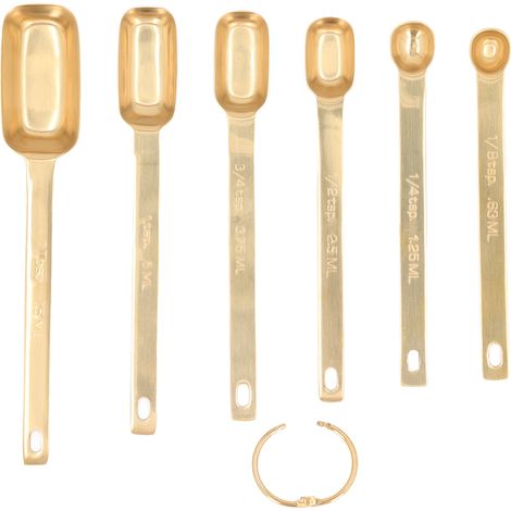 6er-Set rechteckige Messlöffel aus Edelstahl, klare und präzise Markierungen, leicht zu reinigen dank Schlaufe, Küchenutensilien, Gold (1/5)