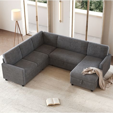 Sofá cama esquinero en U de pana gris con chaise longue y almacenamiento 274 x 220 x 85 cm OKWISH (1/5)