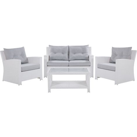 Conjunto de jardín blanco de ratán sintético con cojines grises 2 sillones un sofá y una mesa San Marino