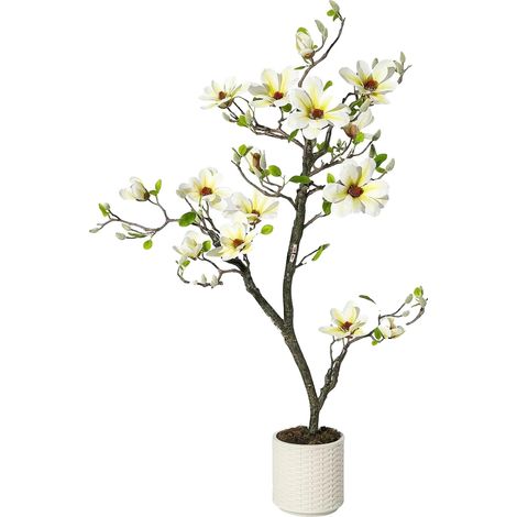 Magnolia artificial, 1,2 m de altura, material poliéster, impermeable y resistente a los rayos UV, base con peso para mayor estabilidad, ramas ajustables. (1/5)