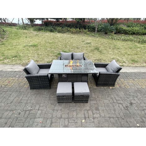 Fimous Rattan Outdoor Furniture Gas Fire Pit Rectangle Dining Table Gas Heater Chairs Two Seater Love Sofa Sets Footstools 6 Seater (1/5)