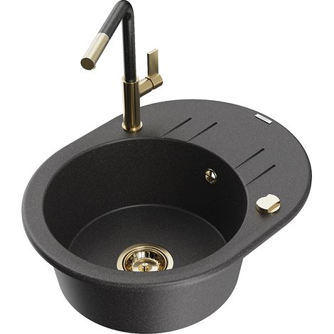 Mexen Kevin fregadero de granito de 1 seno con escurridor y grifo de cocina Flora, negro moteado - 6517-76-670401-75-G (1/5)