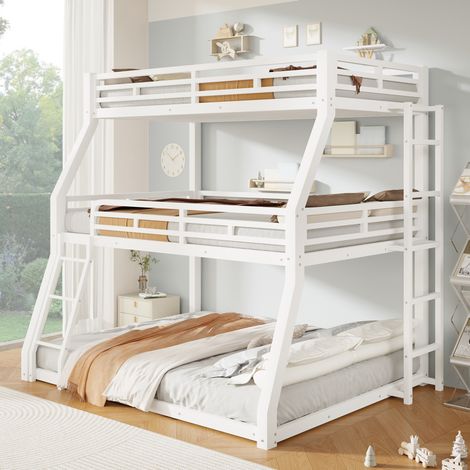 Cama litera triple (140x200 cm), con dos escaleras, barandilla alta, estructura de acero, metal blanco (1/5)