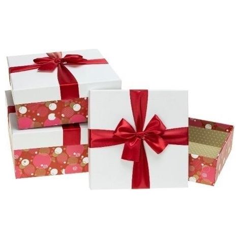 Confezione regalo con fiocco e 3 rosette rosse