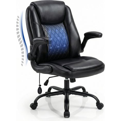 Bürostuhl aus Leder mit verstellbarer Lendenwirbelstütze, dicker Polsterung, klappbaren Armlehnen und ergonomischer Rückenlehne – für Homeoffice und Gaming, Schwarz (1/5)