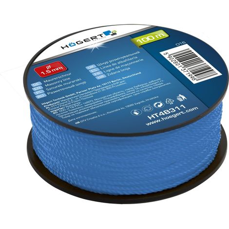 Corde de maçonnerie, de construction, de pavé, de nivellement, indéchirable et résistante, 100 m de long, Ø 1,5 mm, couleur bleue facilement visible (1/3)