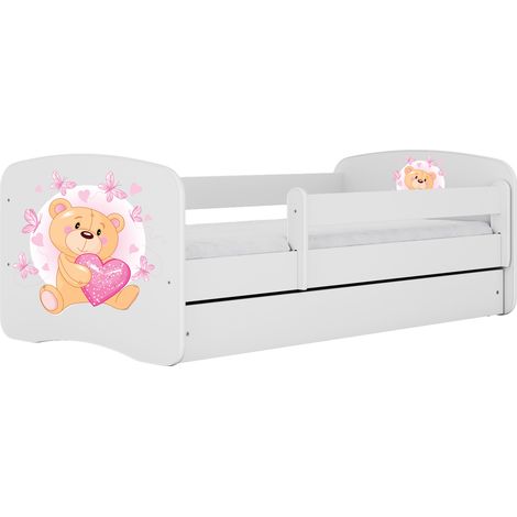 Lit enfant 70x140 cm avec tiroir et barrière avec matelas blanc motif Ourson et papillons (1/5)