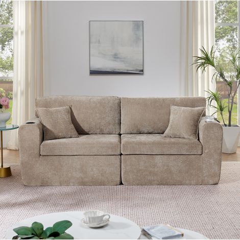 Divano relax 2 posti marrone in chenille con porta bevande, tasca laterale, cuscini e ricarica USB