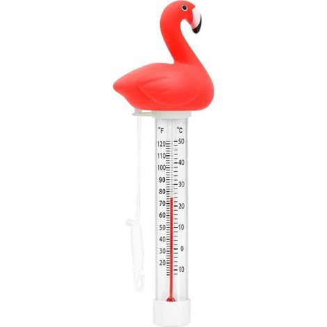 Floating pool thermometer with lanyard, shaped like a flamingo, for measuring the water temperature of pools, spas, hot tubs, and aquariums. - AquaForge (1/5)