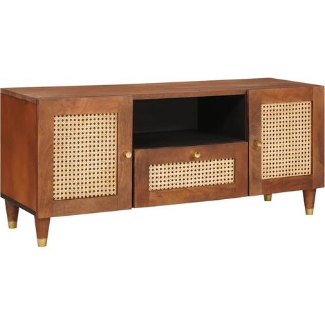 Meuble TV rectangulaire moderne avec étagère rangement 105 x 33,5 x 46 cm en bois de mangue marron