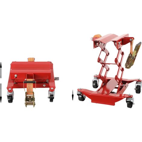 Gato de transmisión, capacidad de 200 kg, rango de altura de 185-590 mm, dimensiones de la base de 420 x 400 mm, huella de accionamiento de 1/2" de diámetro cuadrado, diámetro de la rueda de 76 mm (1/5)