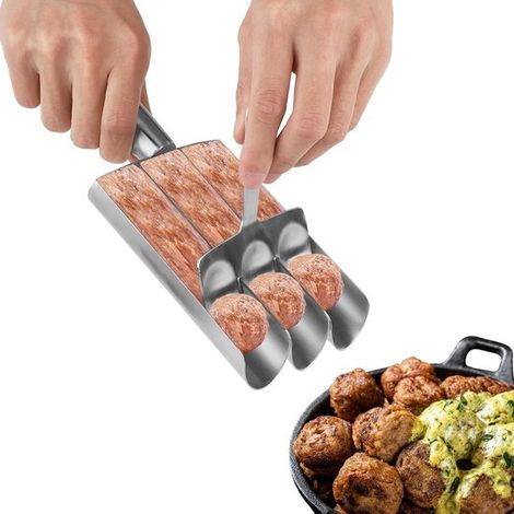 Molde para hacer albóndigas con cuchara - Utensilio de cocina - Preparación de alimentos - Hace tres albóndigas a la vez - 24x11cm - Plateado (1/5)