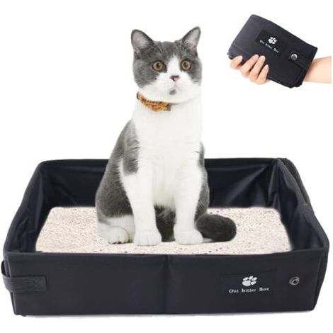 Litière Pliable pour Chat pour Voyage, Portatif Boîte à litière- Doux, Durable et Etanche pour l'intérieur, l'extérieur, Voyage, Camping, Noir, Grande - 45 x 35 cm
