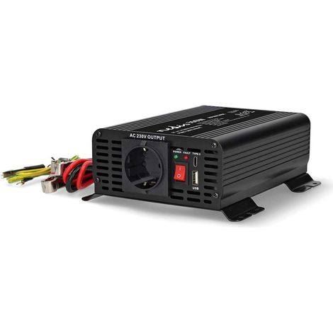 Nedis Power Inverter reine Sinus-Wellen / Eingangsspannung: 12 V DC / Geräteausgangsanschluss: Type F (CEE 7/3) / USB-A / 1x USB-C™ / 230 V AC 50 Hz / 300 W / Spitzenleistung: 600 W / Schraubklemme /