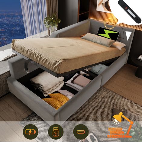 Polsterbett Tagesbett 90/190 cm grau aus Samt mit Stauraum, USB-C und Leselicht (1/5)