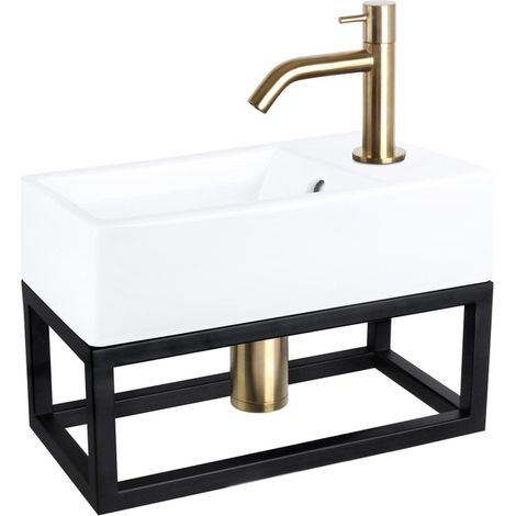 Differnz Force kit lave-mains - 40x22x11.5cm - Rectangulaire - 1 trou de robinet - Robinet courbé doré mat - avec cadre noir - Céramique blanche (1/5)
