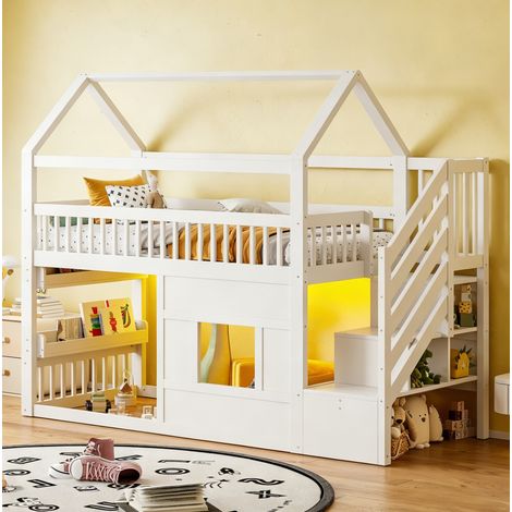 Lit mezzanine enfant 90x200 cm en bois blanc, gain de place avec rangement pour chambre FloraGrace (1/5)