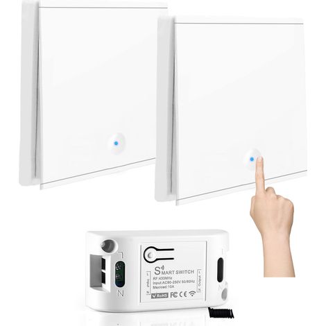 Interrupteur sans fil 230 V 10 A, kit sans pile avec 1 récepteur 433 MHz 10 A et 2 télécommandes murales unidirectionnelles sans fil jusqu'à 50 m pour lampes de 200 à 2000 W (1/4)