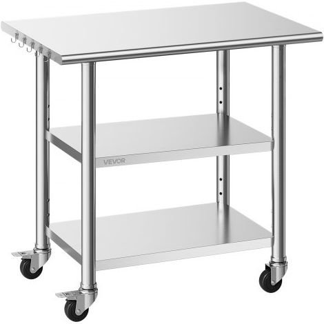 Mesa de Preparación con Ruedas 91,5 x 61 x 86,4 cm, Mesa de Trabajo de Acero Inoxidable 3 Niveles, con Estante Ajustable, Bordes Redondeados, para Restaurantes, Hoteles, Cocinas, Garajes (1/5)