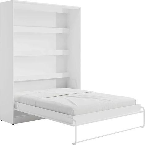 Vente-Unique – Lit escamotable 160 x 200 cm – Ouverture verticale manuelle – Avec 3 étagères et LEDs – Panneau de particules blanc – Charge 200 kg (1/5)