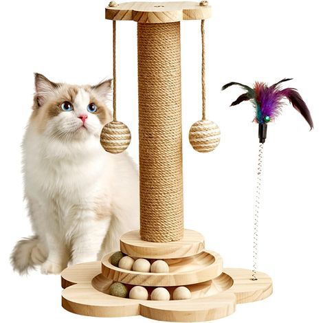 Griffoir pour chat, jouet en bois 4-en-1, griffoir pour chat de 17,7 pouces de haut, avec deux niveaux de balles pour chats, jouet interactif à plumes et deux boules suspendues en jute manille, adapté (1/5)