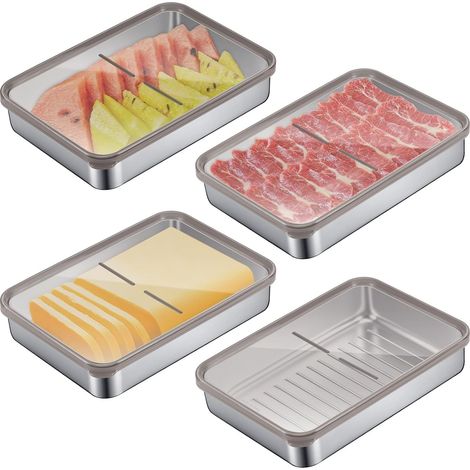 Juego de 4 recipientes de acero inoxidable con tapa, recipientes reutilizables de 800 ml para preparación de alimentos, caja apilable para refrigerador para carne fría, tocino, queso - apto para lavav (1/5)