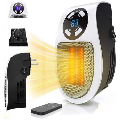 Mini radiateur d'appoint 350 W avec détection de température, prise murale déportée, comme à la télévision, avec thermostat réglable et minuterie. (1/5)