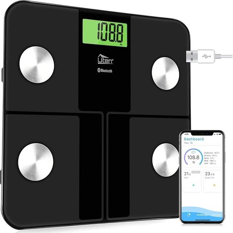 Chargement USB Pèse Personne, Balance Pèse-personne Bluetooth Numérique, Analyseur de Composition Corporelle, écran Rétroéclairé par LED, 180 kg (Noir) (1/5)