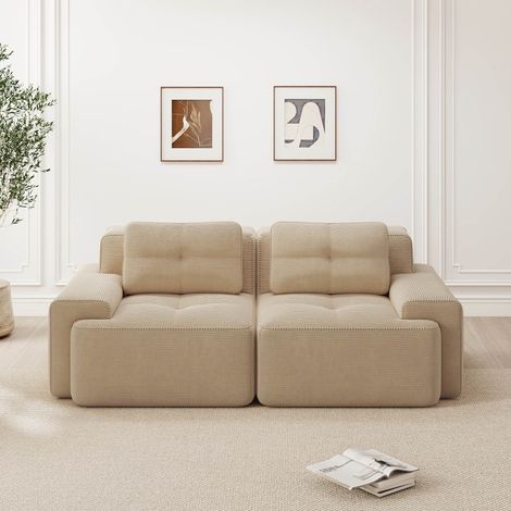 Canapé modulable 2 places beige en velours côtelé, canapé nuage sans structure, assise profonde 74 cm, mousse 32D, sans montage (1/5)