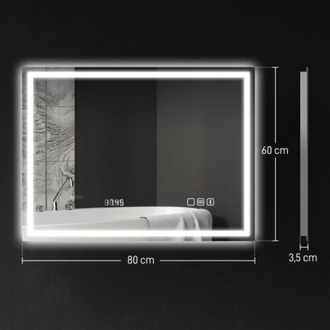 Miroir intelligent salle de bain 80x60 cm, LED, musique Bluetooth, anti-buée, commande tactile, miroir connecté design moderne