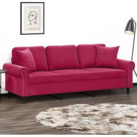 Sofá de 3 plazas con cojines terciopelo rojo tinto 180 cm