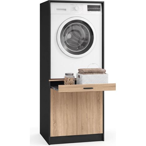 Meuble réhausseur machine à laver ou sèche-linge WALLIS plateau coulissant pour panier à linge et placard noir et bois (1/5)