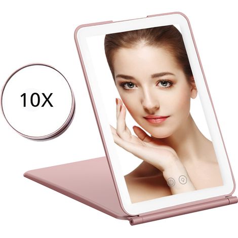 Touchscreen-Schminkspiegel mit 10-facher Vergrößerung, runder Spiegel, USB-aufladbar, tragbarer Schminkspiegel – rosa
