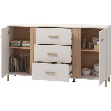 Credenza Frisanco, Madia 2 Ripiani, 3 Cassetti, 2 Ante, 163.5x40x90h cm Bianco Crema