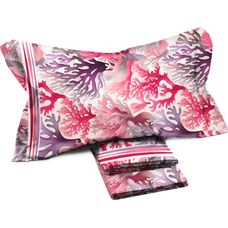 Completo Lenzuola Matrimoniale MAXI - Fantasia Coralli Rosa - 100% Cotone - Design Fresco e Moderno (1/5)